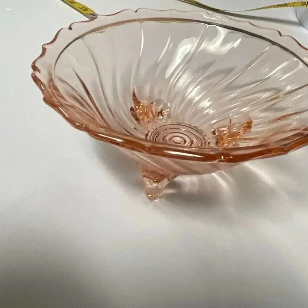 Vintage Jeannette Glass Co. pink footed 1937 depression glass swirl bowl.